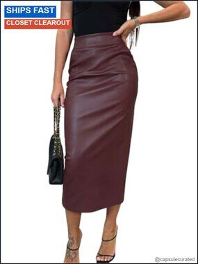 Faux Leather High Waist Bodycon Pencil Midi Skirt Wear to Work